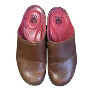 Crocs Brown Leather Slip-On Mule Clogs Red Footbed Comfort Shoes